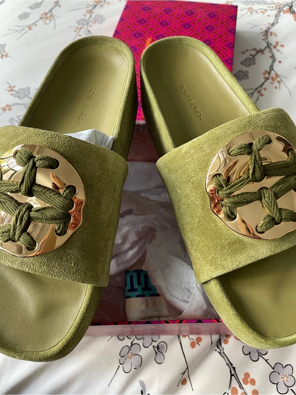 Tory Burch Olive Green Suede Logo Slide Sandals